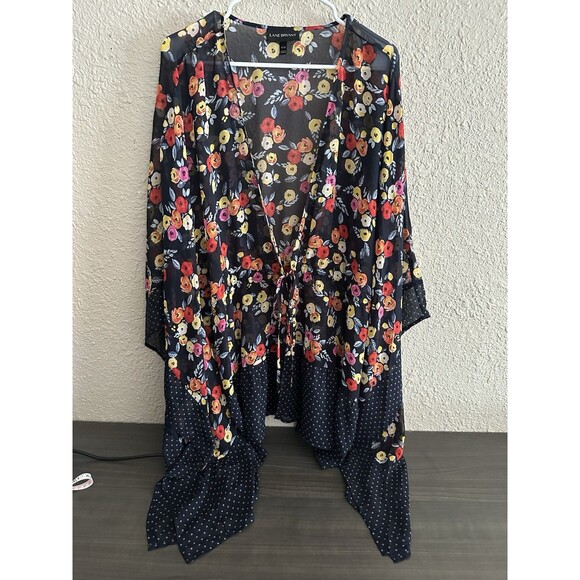 Lane Bryant 18 20 Black Pink Tie Front Kimono Boho Festival Floral Polka Dot - Picture 7 of 7